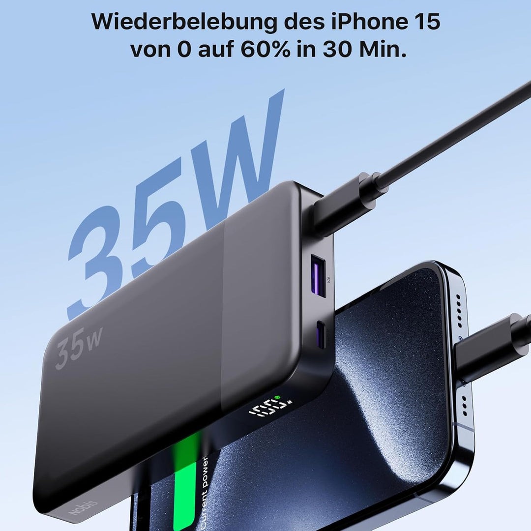 NOBIS 35W Power Bank 10000mAh, Externer Akku mit Digitalanzeige, USB C Ladegerät Schnellladen PD QC,