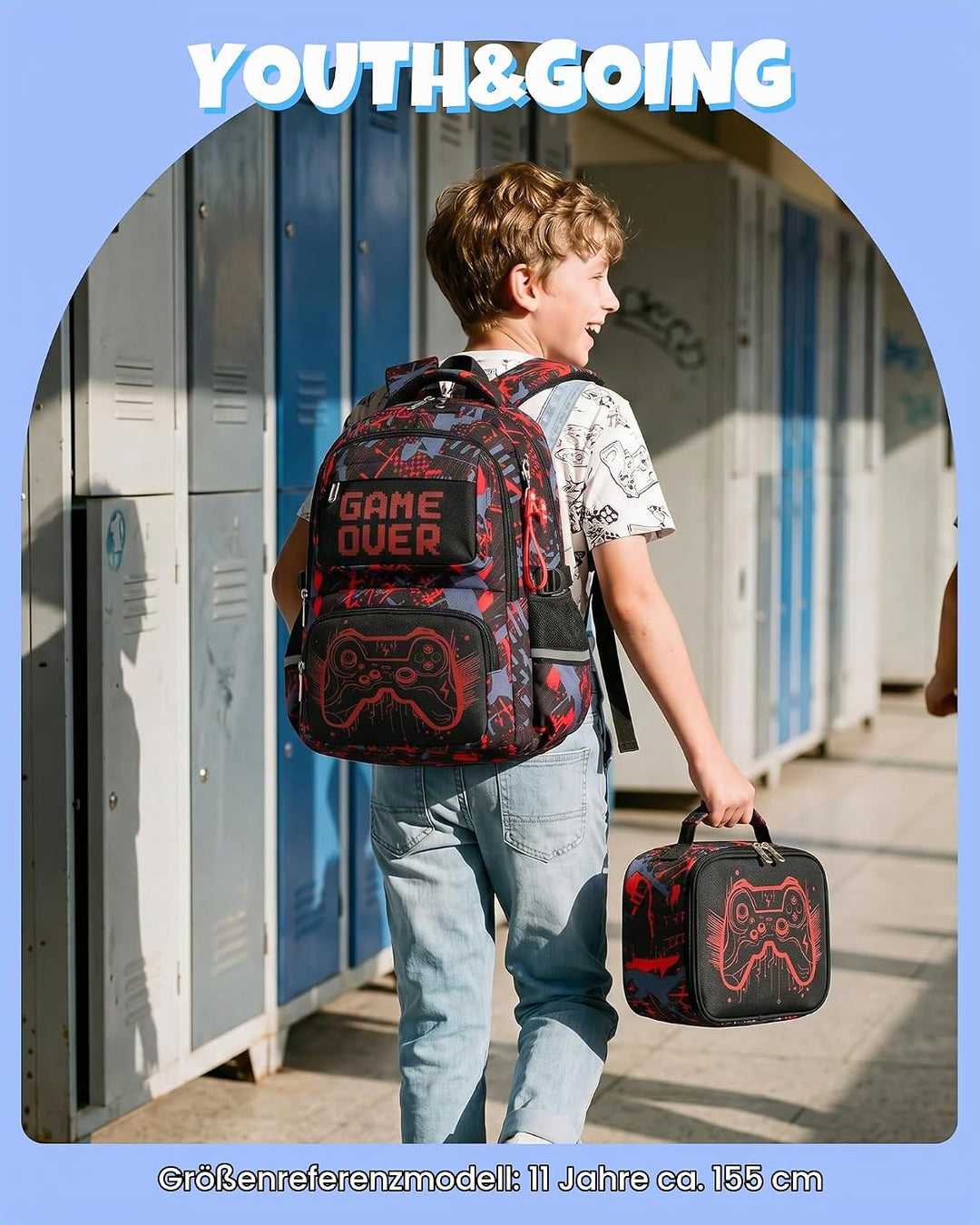 Schulrucksack Jungen Teenager 3 Teilig, Schultasche Kinder für 3. bis 7. Klasse mit Lunch Tasche Fed