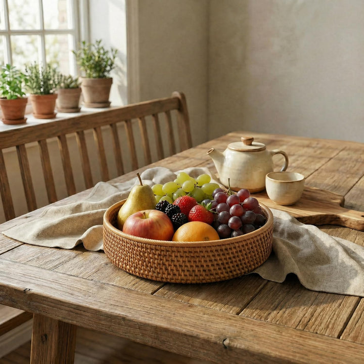 Runde Rattan Obstkörbe, Natürlicher Korbfruchtschalen, Geflochtene Aufbewahrungskörbe für Esszimmer