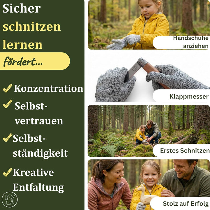 Eli® Schnitzmesser für Kinder mit Filztasche ab 6 Jahre inkl. Handschuhe grün, grün