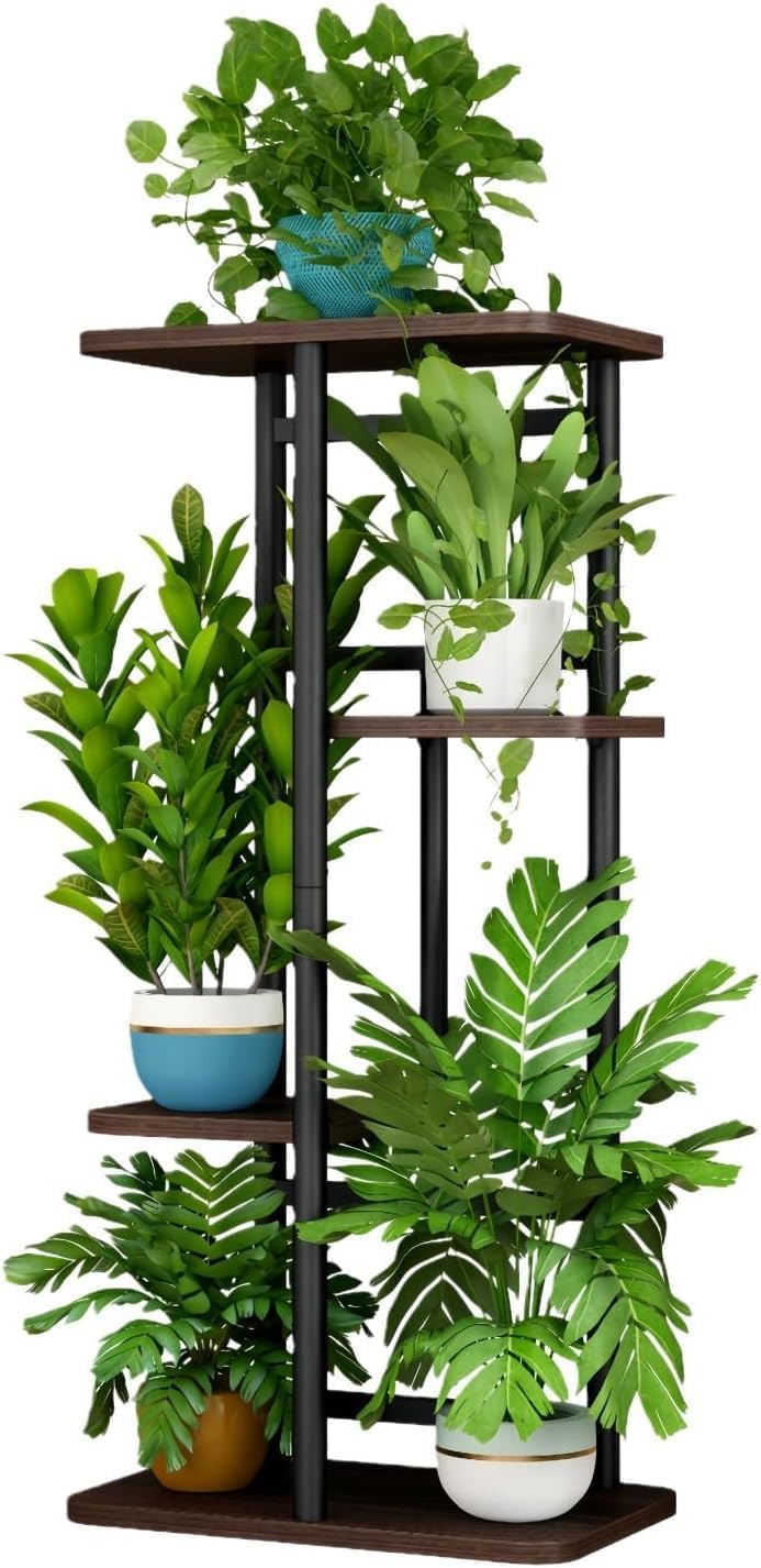 Blumenständer Pflanzenständer Metall Pflanzenregal Schwarz-Eiche Schwarz-Eiche 4 Etagen, Schwarz-Eic
