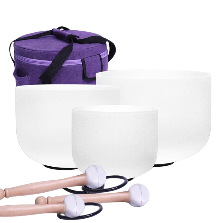 Energysound Perfect Pitch Chakra Singing Bowls 432Hz 11" D 9" F 7" B Frosted Quartz Crystal Singing