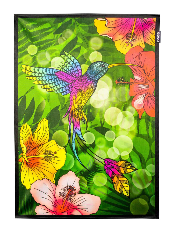 PSYWORK Schwarzlicht Stoffposter Neon | Kolibri Hibiskus Flower | 0,5 x 0,7m | UV-aktiv | fluoreszie