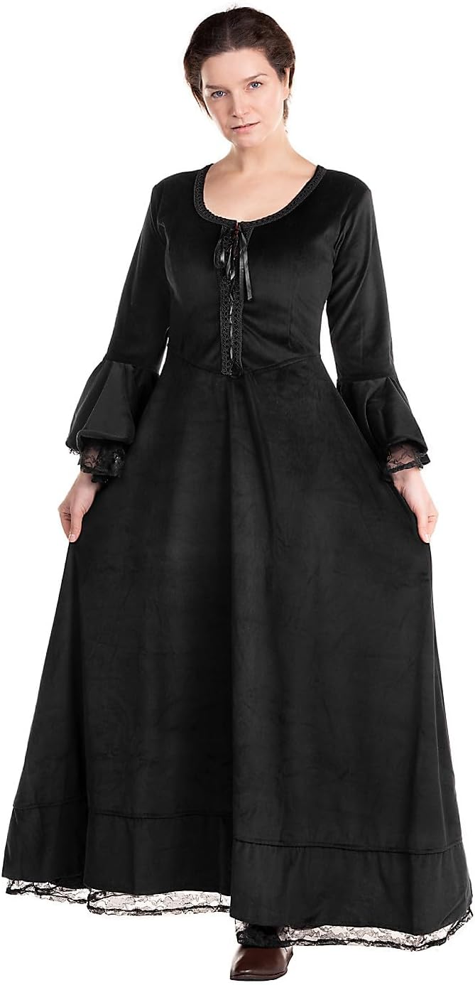 Maskworld Gothic Vampirkleid mit Spitze – Langes Damen Maxikleid mit Samt-Optik &amp; Trompetenärmeln -