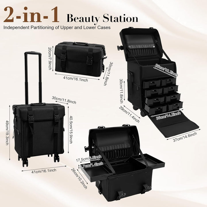 Kosmetikkoffer Trolley mit Schublade, 2 In 1 Professioneller Beauty Make-up-Koffer, Abnehmbarer Trav