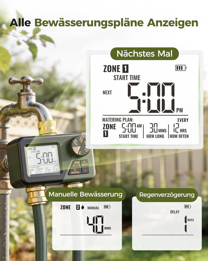 Diivoo Bewässerungscomputer 2 Ausgänge, Programmierbare Wasserschlauch Timer 2 Outlet für Garten, Ou