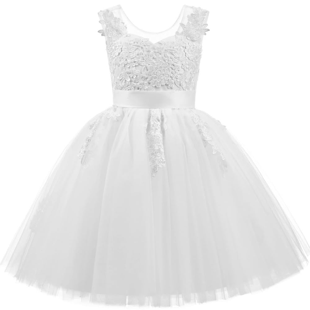 PLWEDDING Spitze V zurück Tüll Blumenmädchen Kleid Junior Mädchen Brautjungfer Hochzeit Partykleider