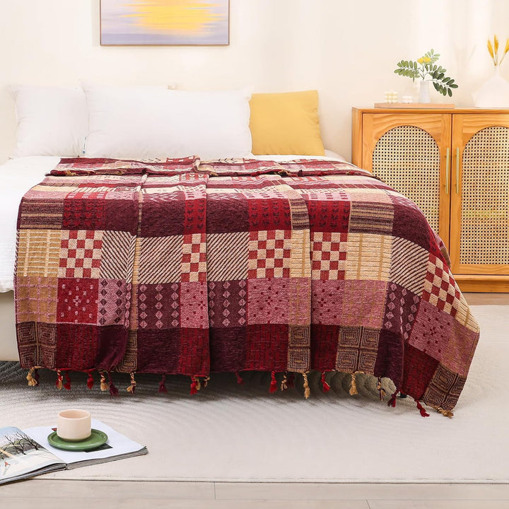 HOORDRY Chenille Gewebte Decke,Patchwork Doppelseitig Überwurf Rot 220 x 260 cm, Rot 220 x 260 cm
