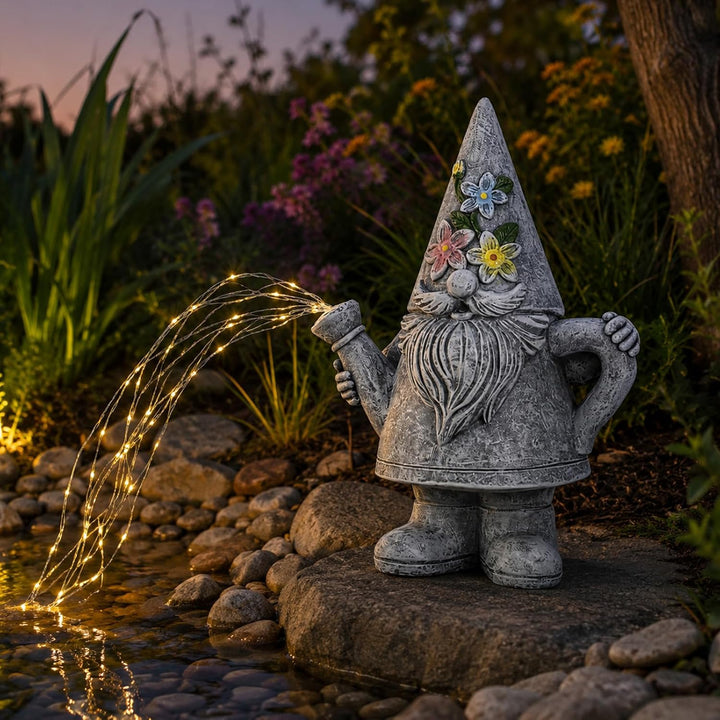 Yeomoo Giesskanne-Gartenzwerge mit Solar Lichterkette für Aussen Gartendeko Gartenzwerge Figur Grau,