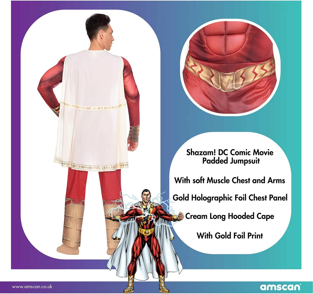 Amscan - Erwachsenenkostüm Shazam, Overall mit gepolsterter Brust, Umhang, DC Super Heroes, Motto-Pa