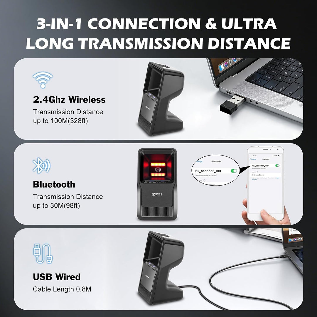 OBZ 1D 2D Desktop Barcode Scanner Kabellos Omnidirektional Handsfree