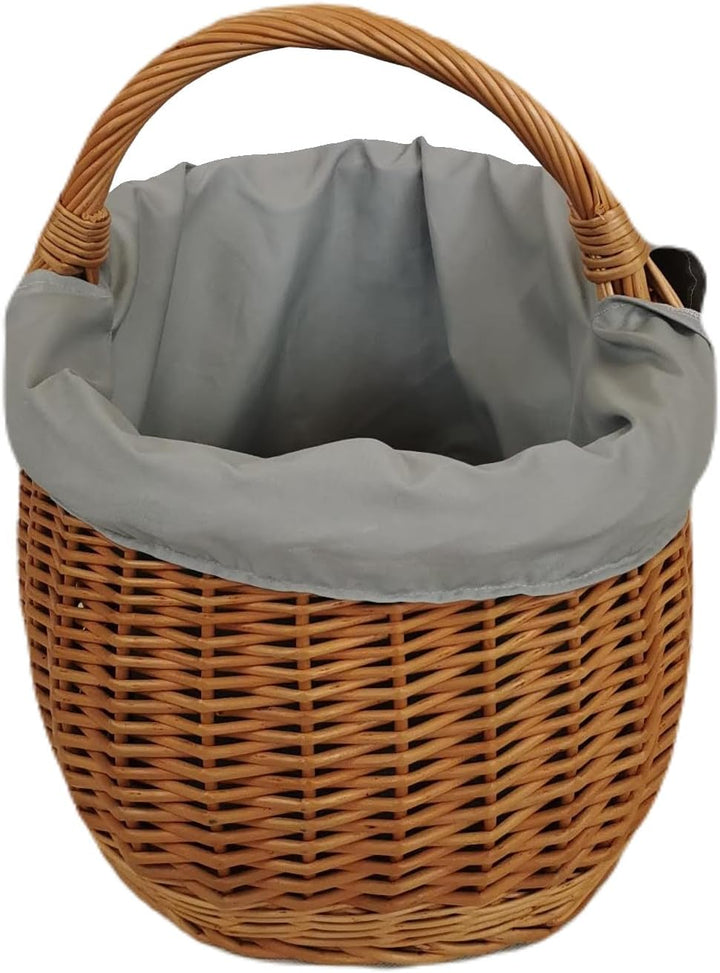 Grosser Einkaufskorb aus Weide oval Braun mit Stoff grau 46x32x35 cm
