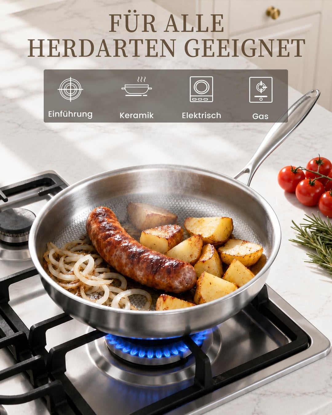 30cm Edelstahlpfanne Induktion, Titan Pfanne, 5-Lagige Konstruktion, 30CM