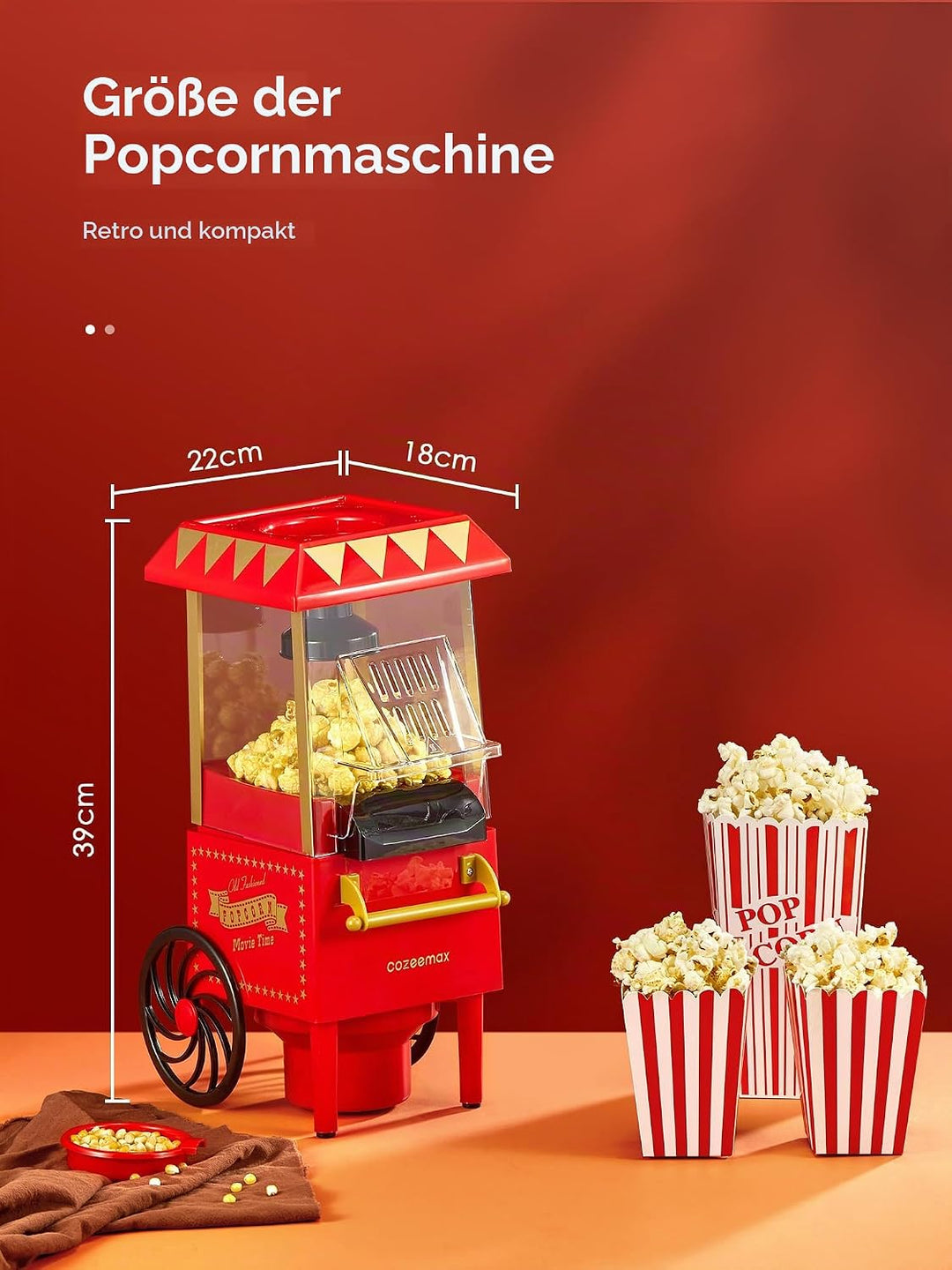 Popcornmaschine Retro, Cozeemax 1200W für Zuhause Popcornmaschine Maker mit Heissluft, Popcorn Machi