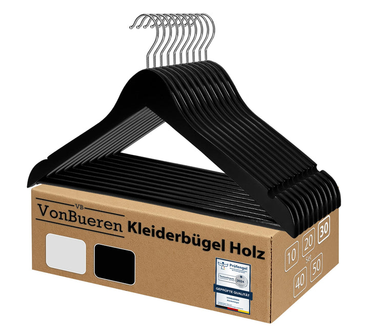 VonBueren 30x Kleiderbügel Holz schwarz, Holzkleiderbügel, Holzbügel, Bügel