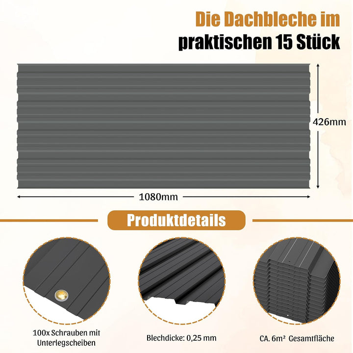 15 Stück Profilblech Verzinkter Stahl – 6 m² Dachblech Set mit Schrauben, UV-beständig, Winterfest W