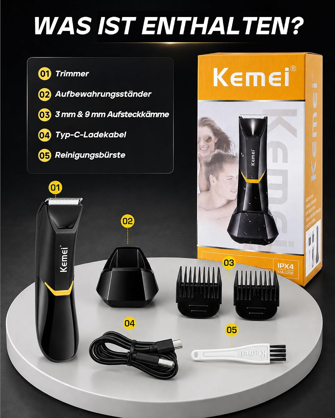 KEMEI 3208 Körperhaartrimmer Herren, Keramikklinge, 5000 U/min, Schwarz