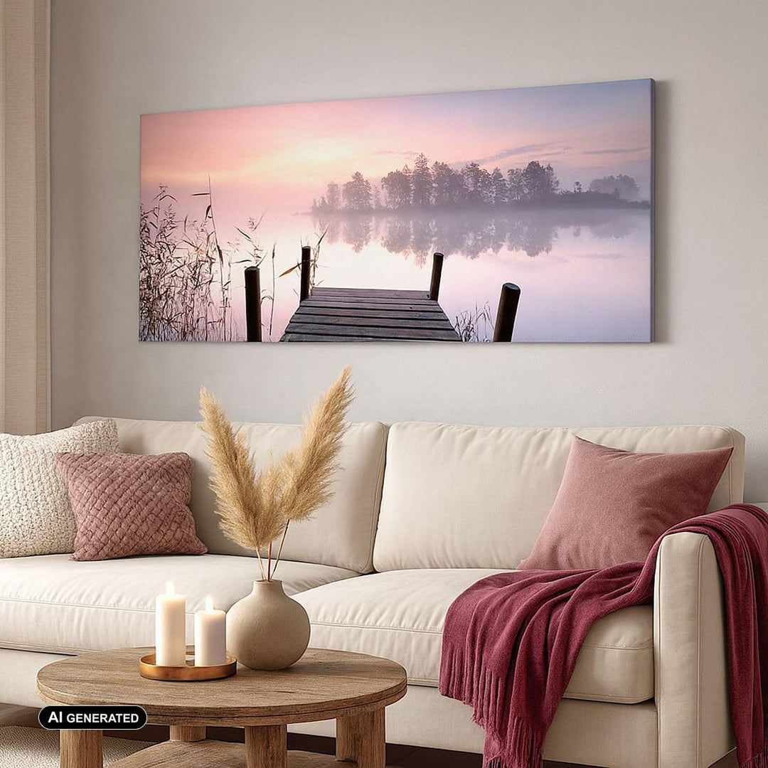Wandbilder Dekoration Wohnzimmer Morgen Sonnenaufgang Nebel See Panorama Bilder auf Leinwand 120x50c