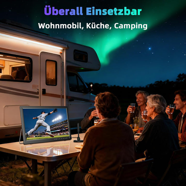 DESOBRY Tragbarer Fernseher 15,6 Zoll 1080P | DVB-T2, USB HDMI AV-Eingang, 12V TV Mit Akku für Campi