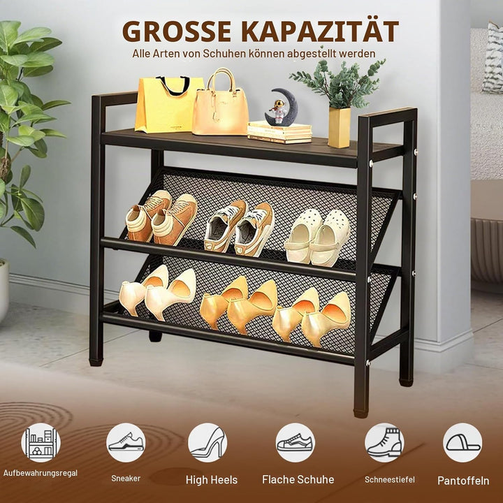 Kompaktes Schuhregal, Schrägtes 3 Ebenen, Schuhschrank Schmal, Schuhständer aus Metall, Schuhaufbewa