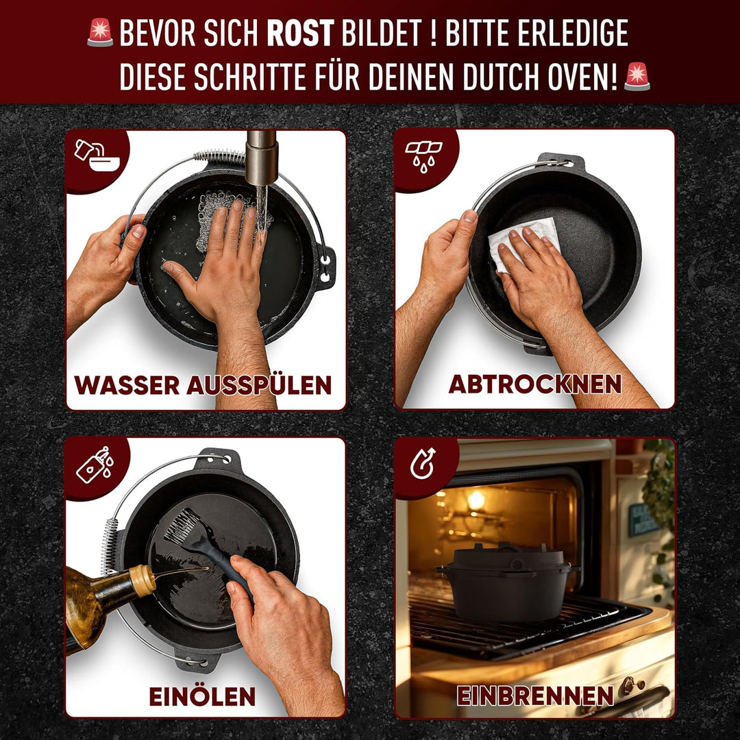 Dutch Oven Set–Eingebrannter Dutch Oven 4,5L [2-4Person]–Feuertopf Gusseisen ohne Füsse–Schmortopf D