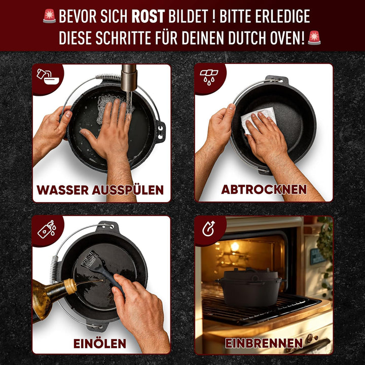 Dutch Oven Set–Eingebrannter Dutch Oven 4,5L [2-4Person]–Feuertopf Gusseisen ohne Füsse–Schmortopf D