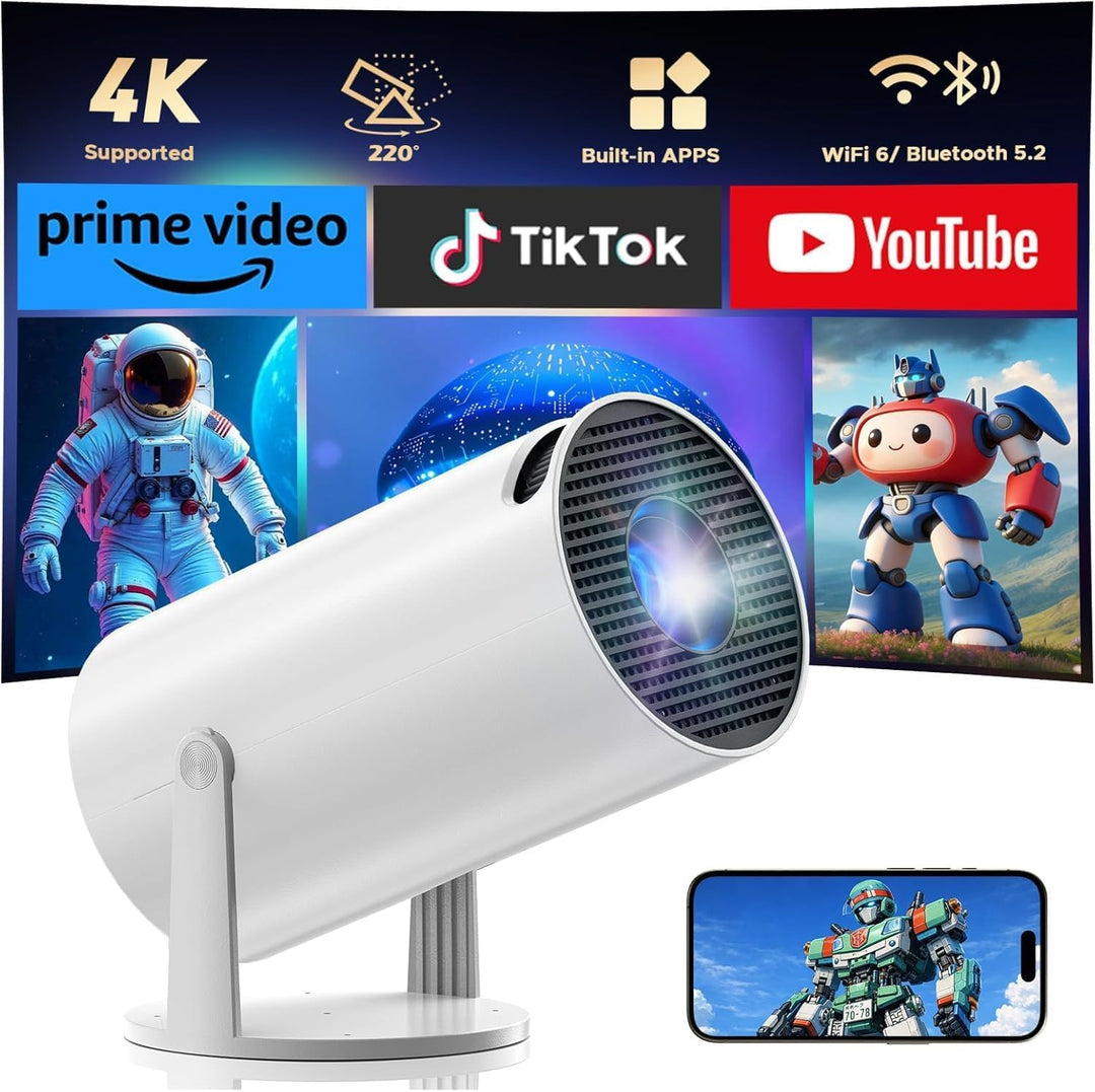 Beamer Unterstützt 4K, Projektor Heimkino mit WLAN und Bluetooth, 270° Drehung, Automatische Vertika