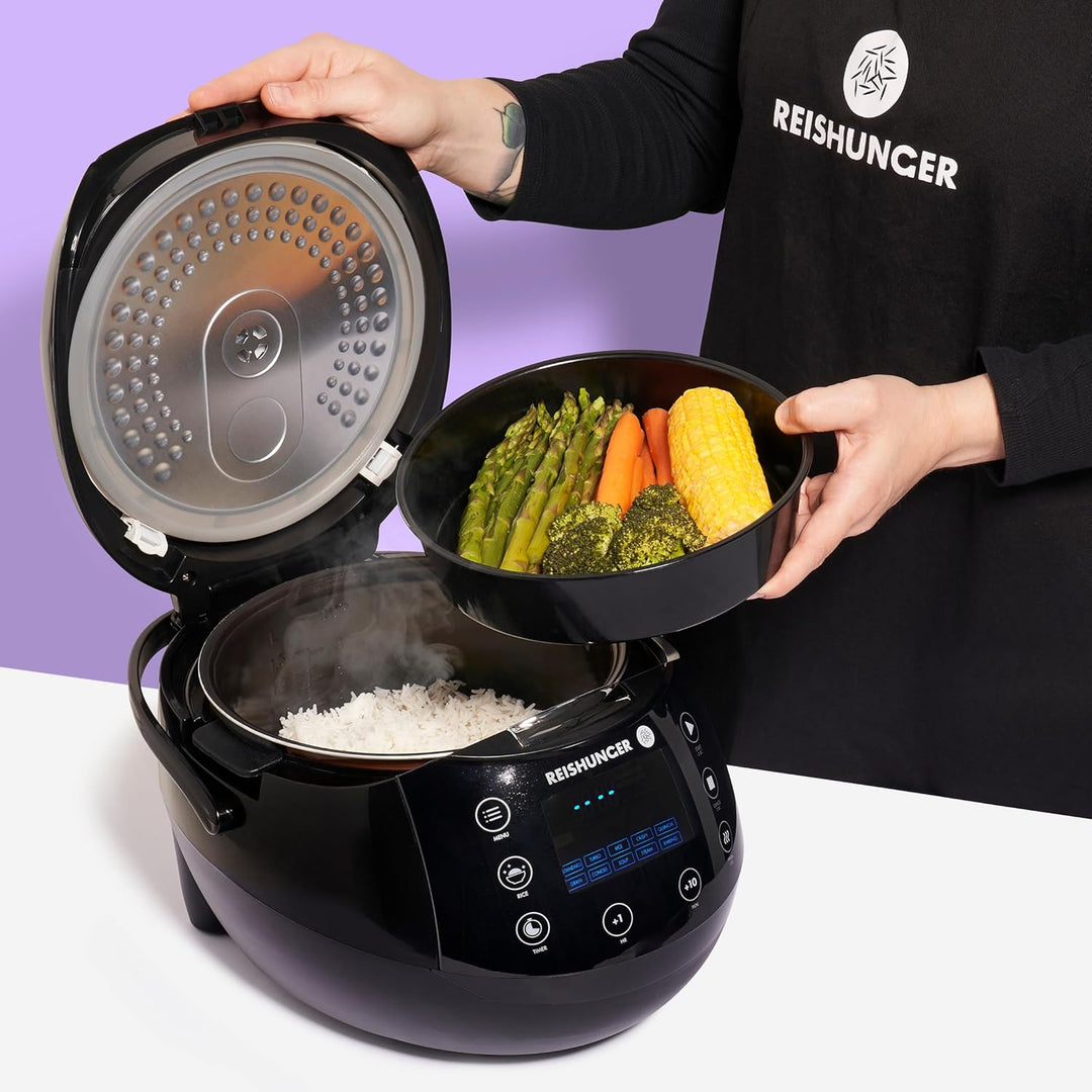 Reishunger Digitaler Reiskocher &amp; Dampfgarer Schwarz + Gratis Kochbuch – Warmhaltefunktion, Timer &amp;