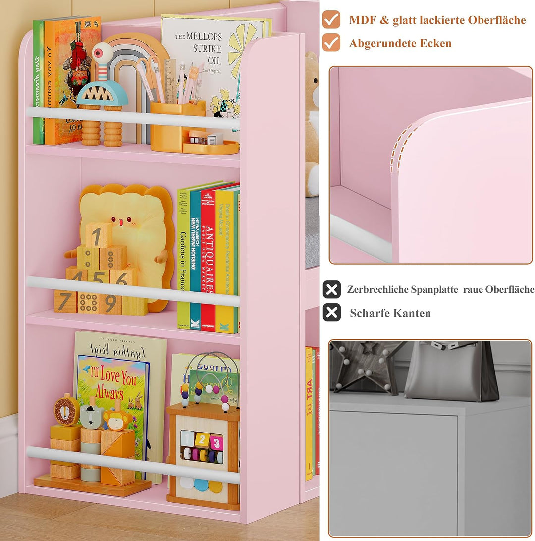 HOCSOK 125 cm Kinderregal, Bücherregal Kinder mit Sitzbank, MDF-Platte Rosa, Rosa