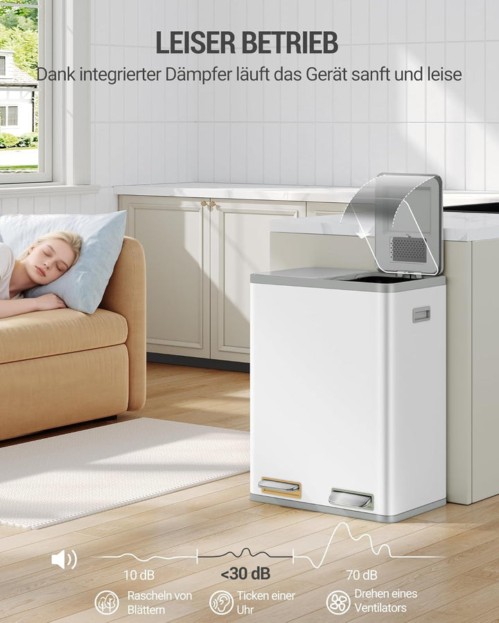 Hzuaneri Mülleimer Küche, Mülltrennsystem 2 Fächer 60L (2 x 30 L), Edelstahl-küchenmülleimer, Tretmü
