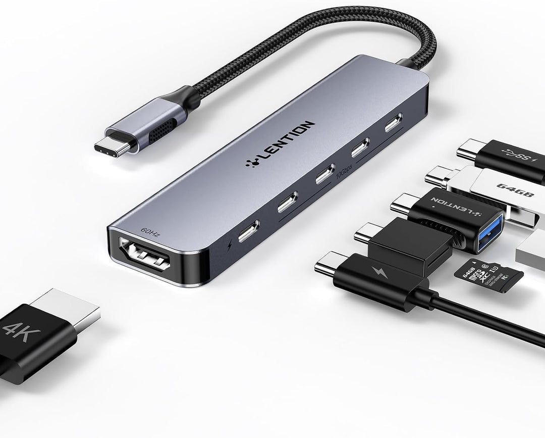 LENTION 4 Port USB C Hub 10 Gbps USB-C 3.2, 4K@60Hz HDMI, 100W PD Aufladung 4x USB-C in 10Gbps Grau,