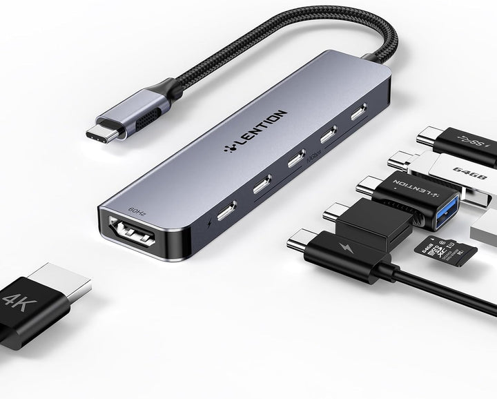 LENTION 4 Port USB C Hub 10 Gbps USB-C 3.2, 4K@60Hz HDMI, 100W PD Aufladung 4x USB-C in 10Gbps Grau,