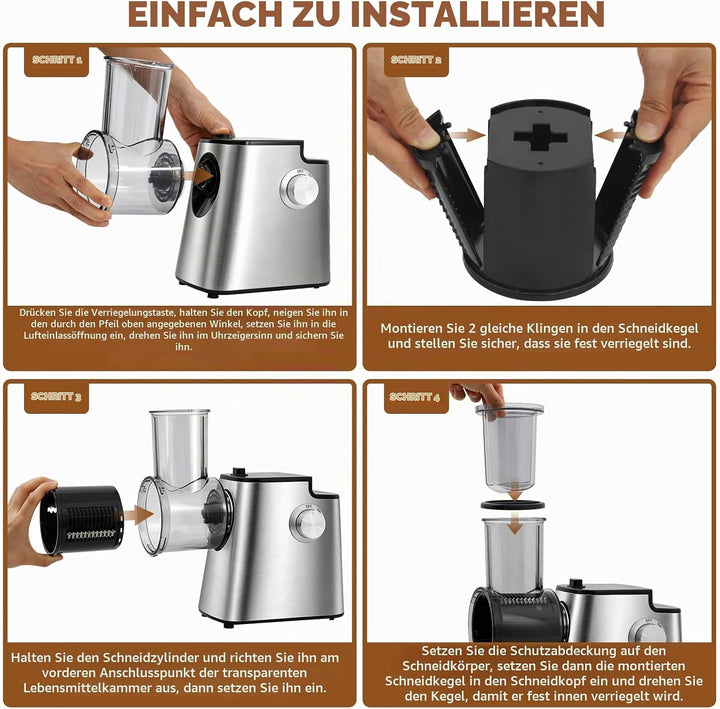 Gemüseschneider elektrisch,5‑in‑1 Multireibe mit 500W Motor,Reibe für Obst und Gemüse mit 5 verschie