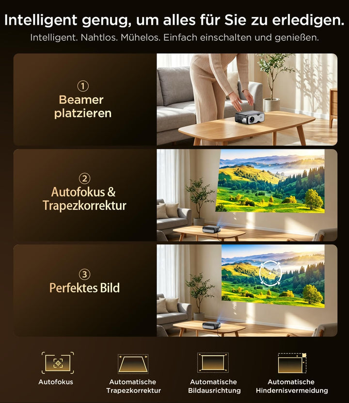 Tragbarer Smart Beamer 1080P mit 4K-Unterstützung, 1800 ANSI, WiFi 6 &amp; Bluetooth 5.4, 35W Dolby Audi