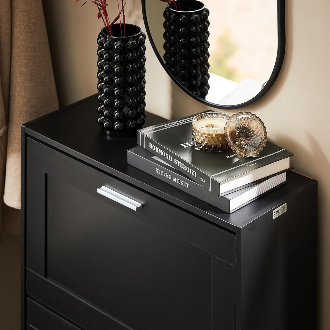 SoBuy Schuhschrank schmal mit 2 Klappen 60x80x25cm für Flur Schwarz Schuhregal - 2 Klappen, Schwarz