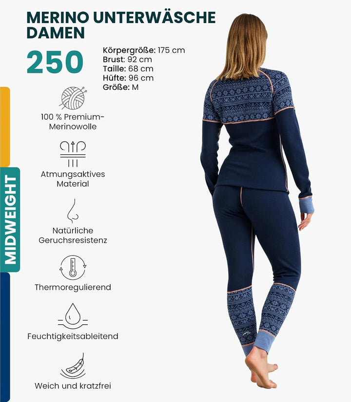 100% Merino Unterwäsche Damen Set - Leicht, Mittelgewicht, Funktionsunterwäsche Merinowolle, Langarm