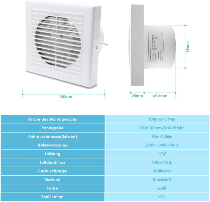 100mm Leiser Badlüfter, Plug-and-Play, 130m³/h 12W Badventilator, 100mm