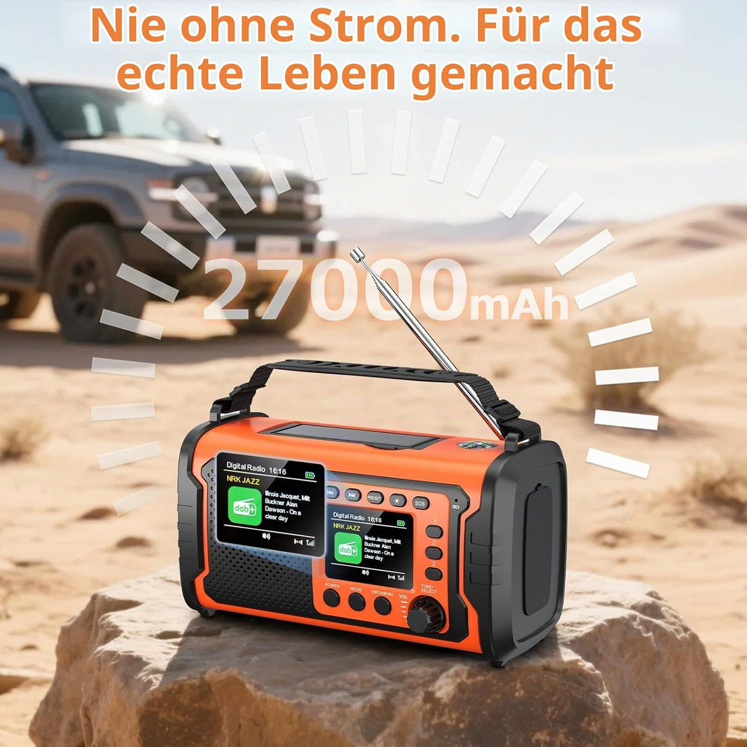 27000mAh DAB/DAB+ Notfallradio mit Kurbel, Solar &amp; USB Laden, Bluetooth 5.3, Powerbank-Funktion, SOS