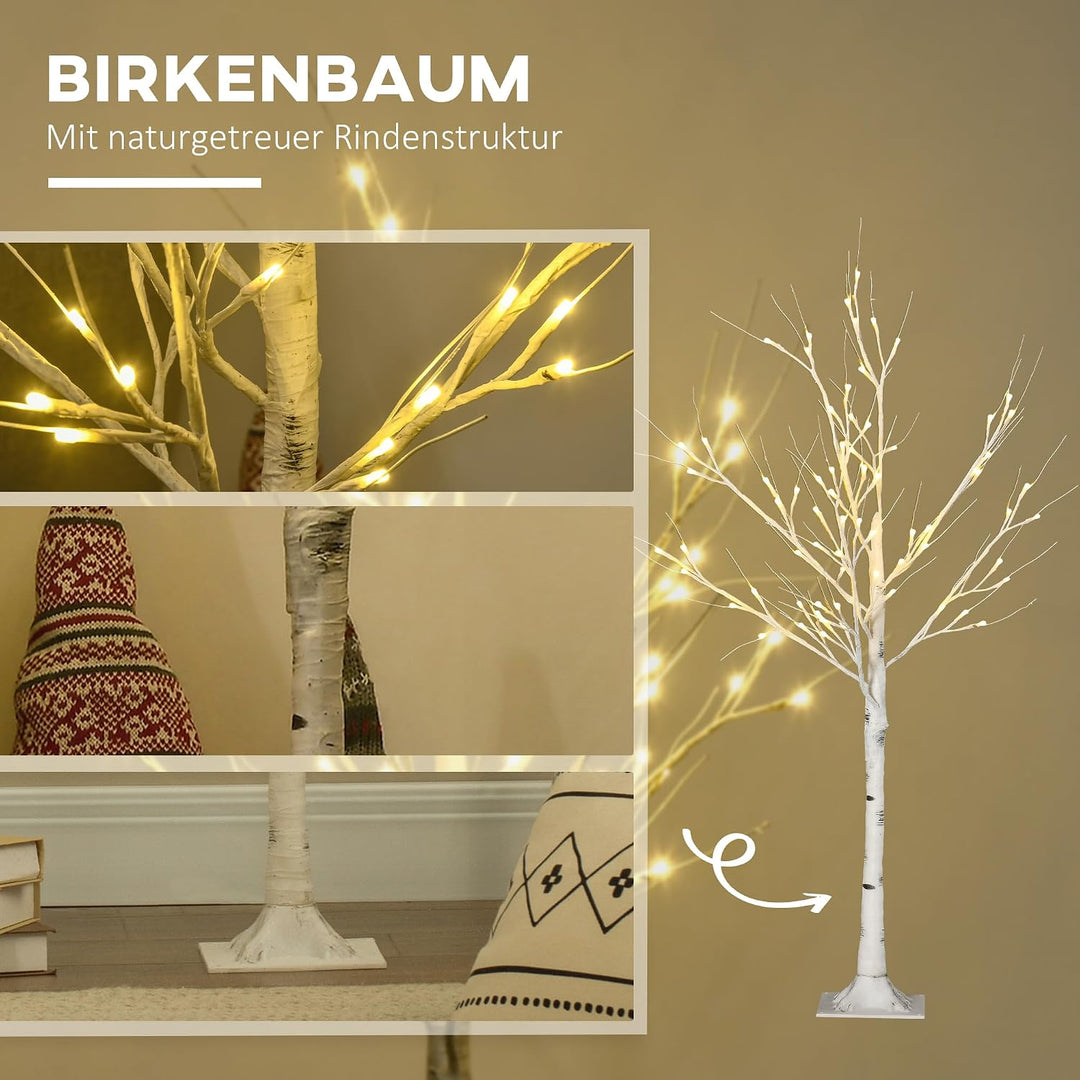 HOMCOM 120 cm Kunstbaum, Weihnachtsbaum Birken mit LED, Kunstbirke, Birkenbaum, Weihnachtsdeko für H