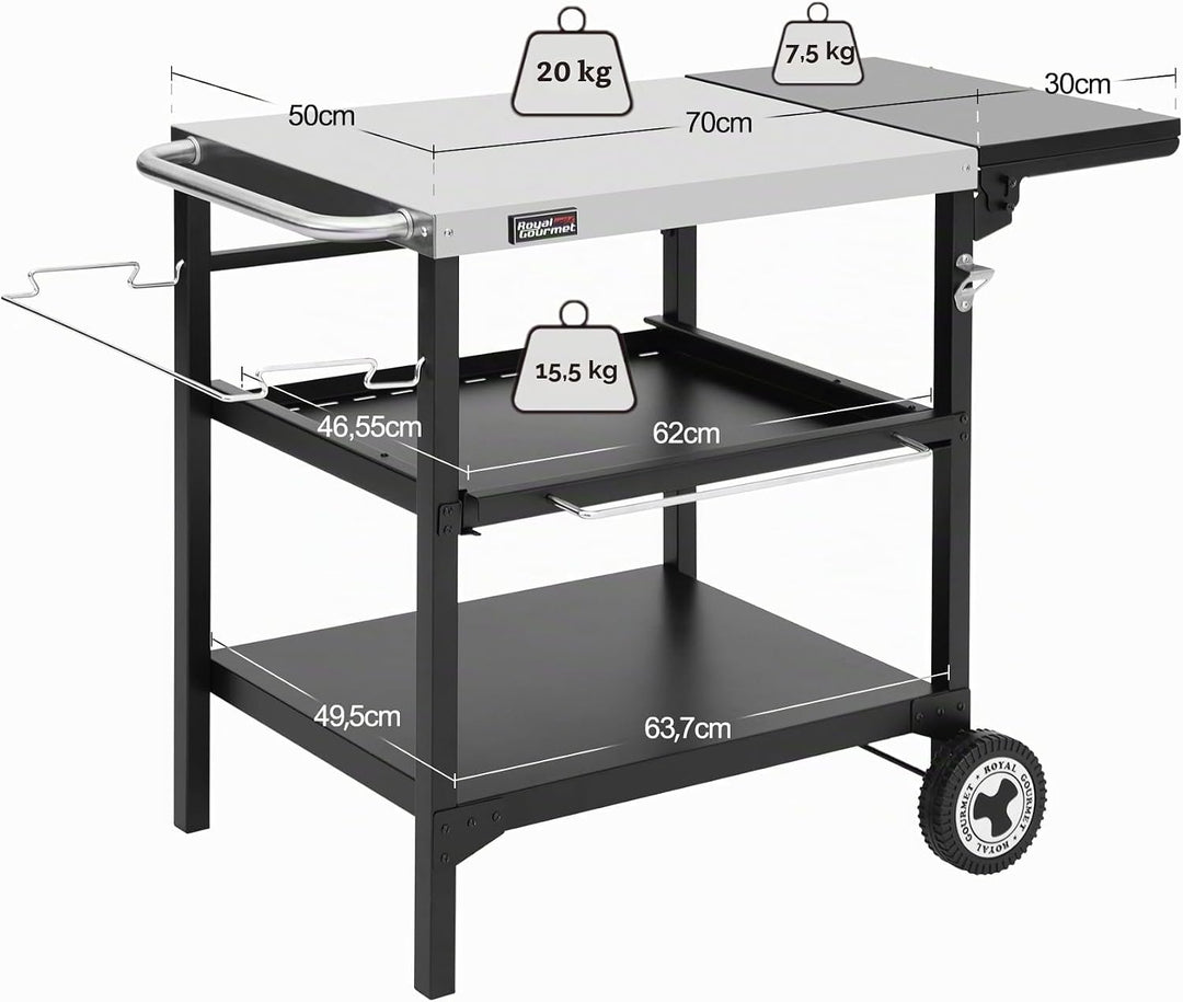 Royal Gourmet Outdoor Grilltisch, 3-Etagen Servierwagen mit 70 x 50 cm Edelstahl Tischplatte und 30