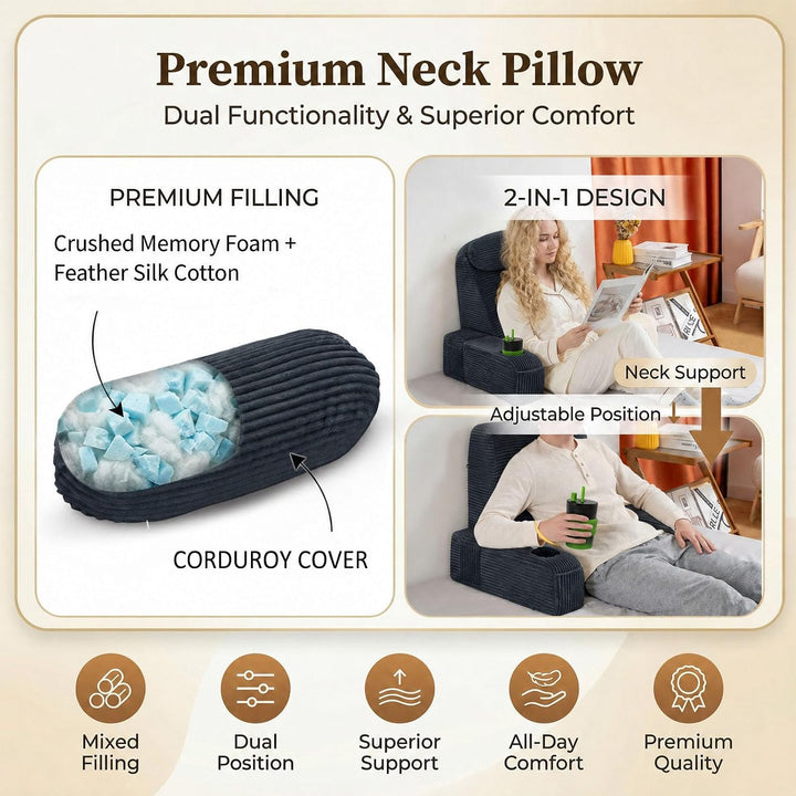 Lesekissen für Erwachsene - Rückenkissen fürs Bett mit abnehmbaren Armlehnen, Getränkehalter &amp; Handy