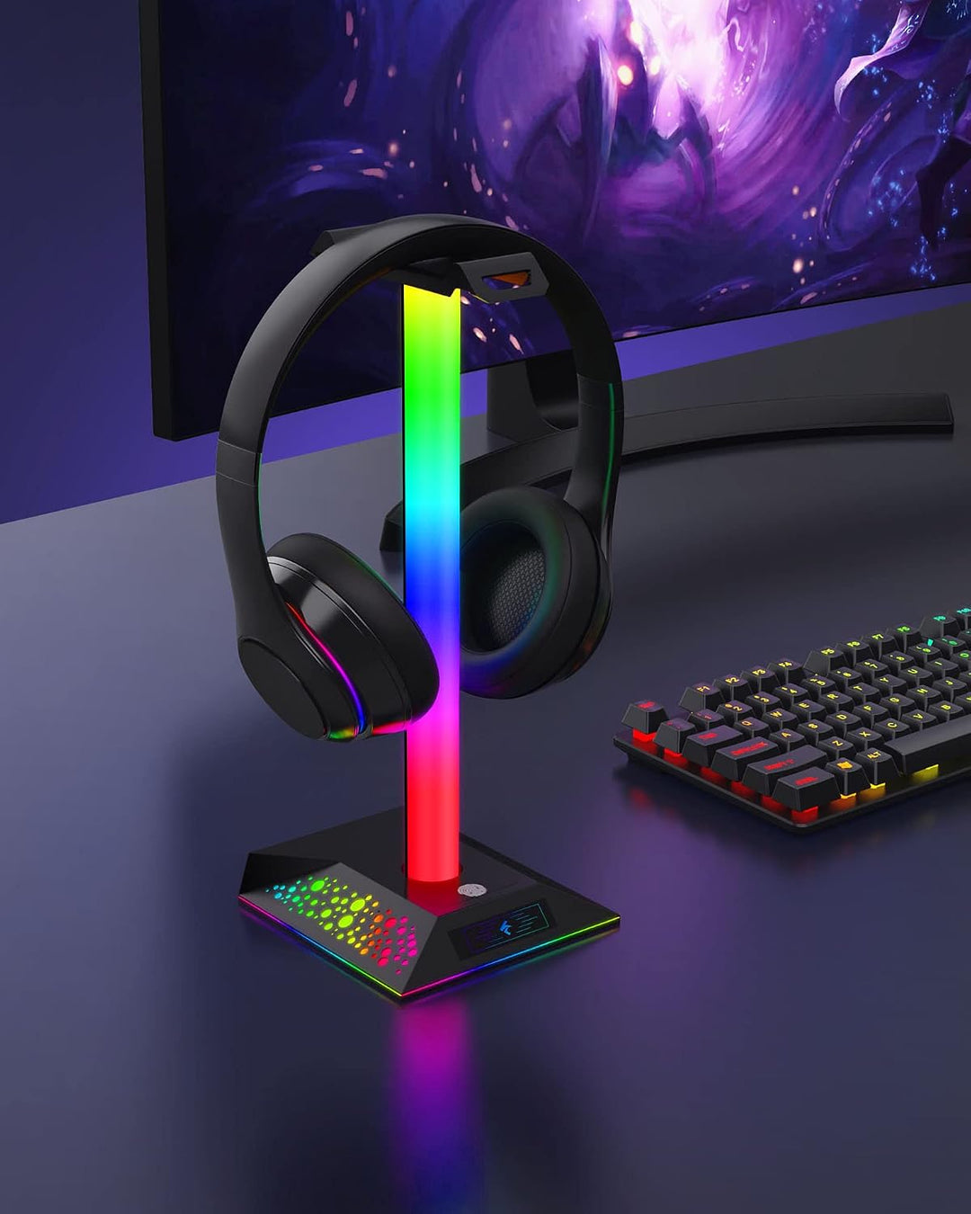 Hcman Headset Halterung Gaming Kopfhörer Ständer RGB Kopfhörer Halter mit 2 USB Anschlüssen, LED Hea