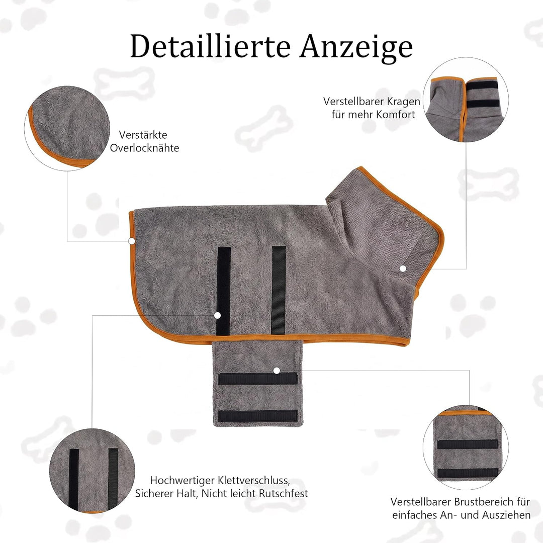 Hundebademantel Mikrofaser mit Klettverschluss saugstark Grau mit orangefarbenem Rand M, Grau mit or