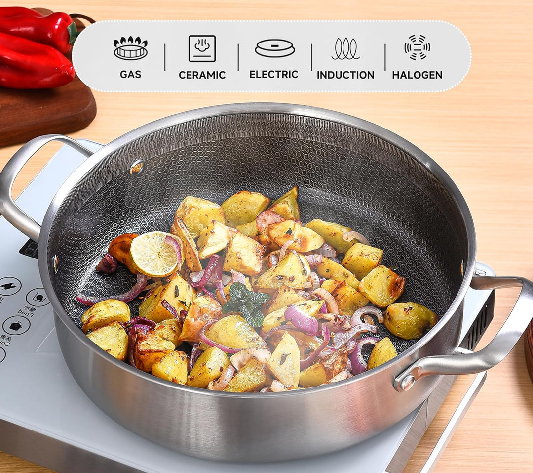Inqibee Schmorpfanne 24 cm Hoher Rand, Schmortopf mit Deckel 2.8L, Edelstahl 18/10 antihaftbeschicht