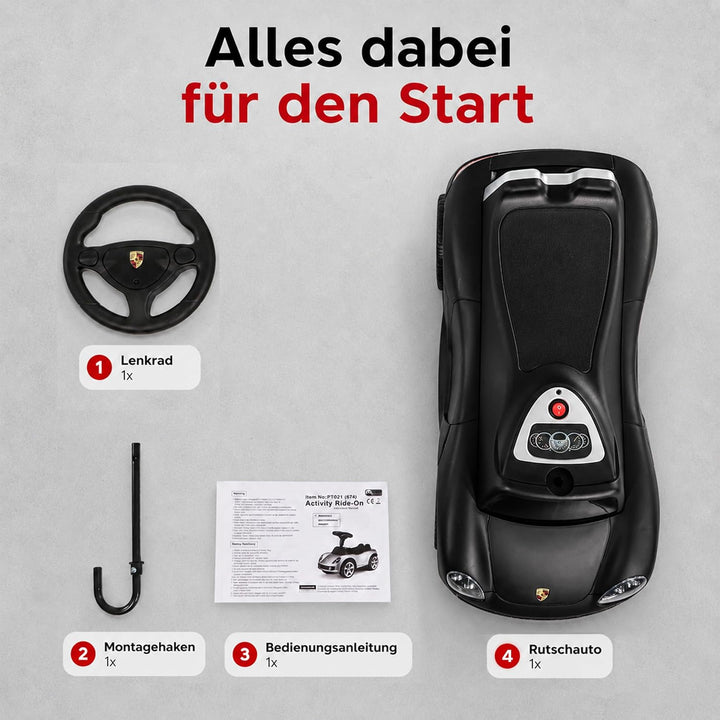 Lemodo, Porsche Carrera GT Rutschauto lizenziert schwarz, ab 18 Monaten, Kinderfahrzeug mit Scheinwe
