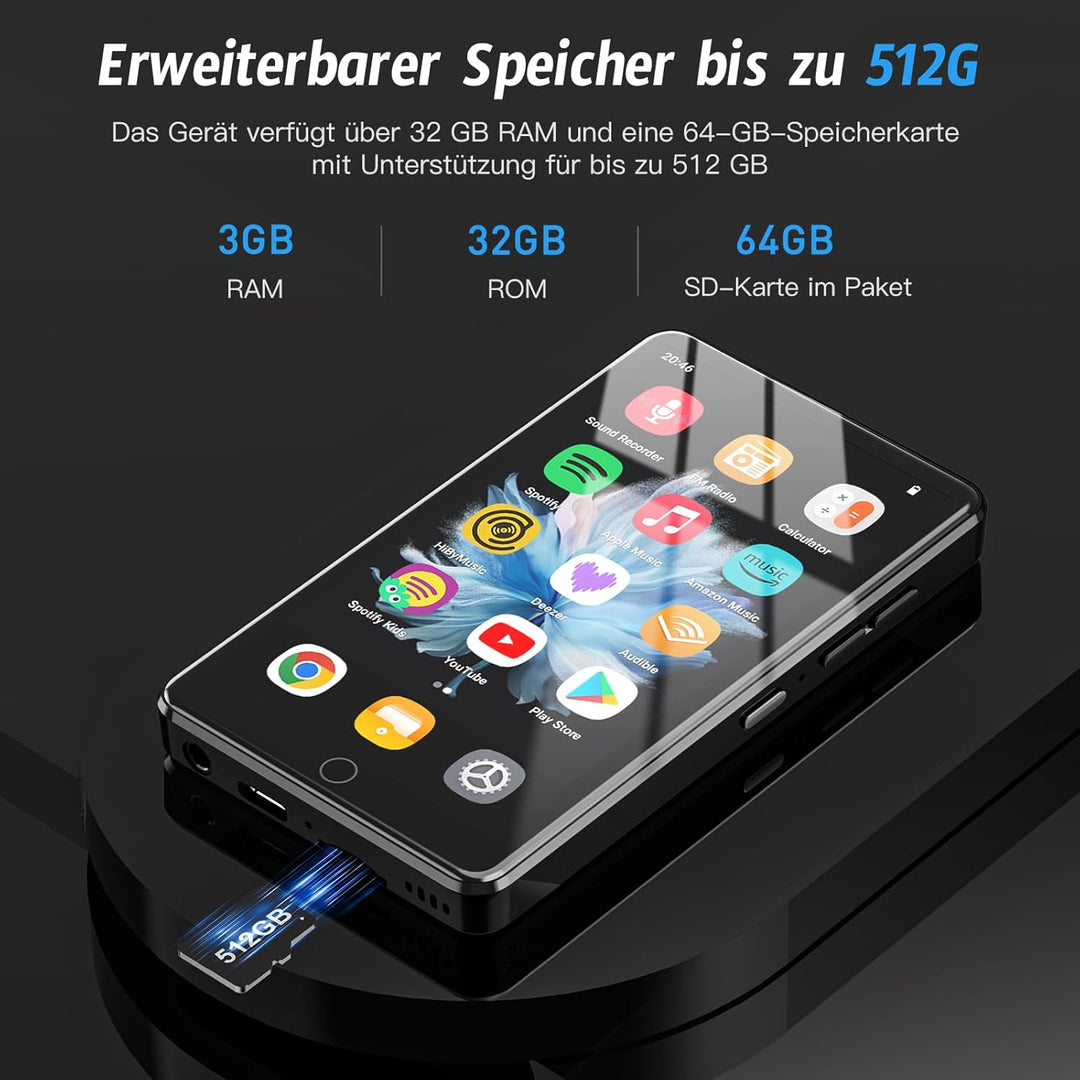 96GB MP3 Player mit Bluetooth und WiFi, 4.02 Zoll IPS HD MP4 Player mit Android 13 OS, Kinder-Musik-