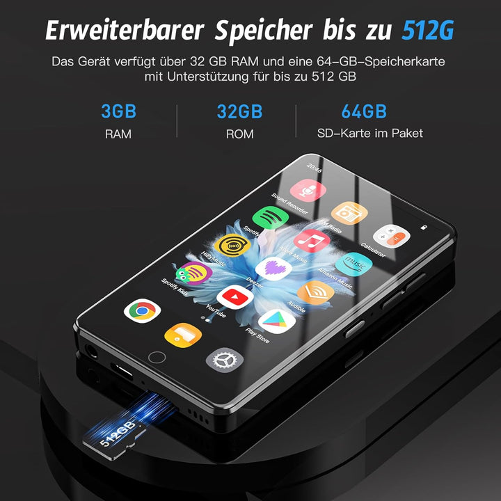 96GB MP3 Player mit Bluetooth und WiFi, 4.02 Zoll IPS HD MP4 Player mit Android 13 OS, Kinder-Musik-