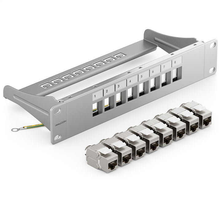 deleyCON 8 Port CAT7 Patchpanel SET Patchfeld Verteilerfeld Modular 1 HE 10" Zoll Rackeinbau + 8x CA