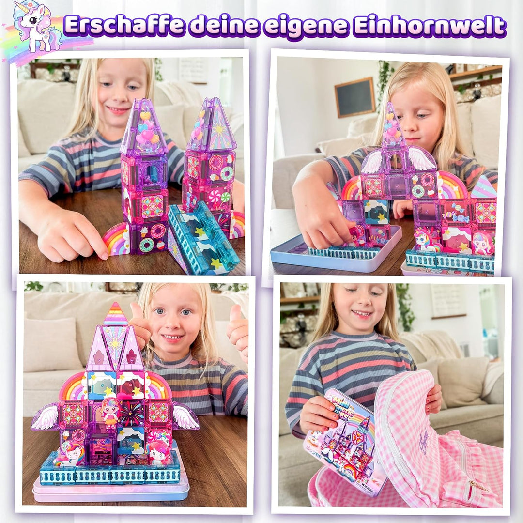 Magnetische Bausteine mit 4 Einhörnern, 36er Mini Magnetbausteine für Kids