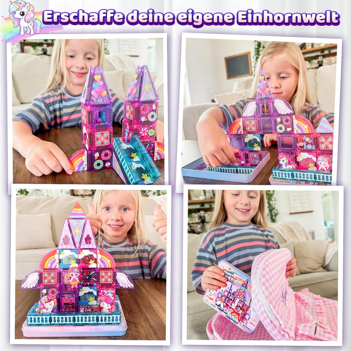 Magnetische Bausteine mit 4 Einhörnern, 36er Mini Magnetbausteine für Kids